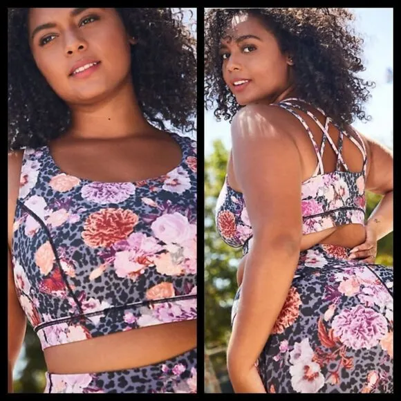 0X 12W Large Torrid Black Cheetah Floral Strappy Back Active Sports Bra Pink NWT