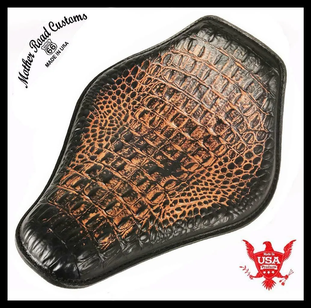 11x14 AntBrn Gator Snub Nose Leather Spring Seat Chopper Bobber Harley Sportster