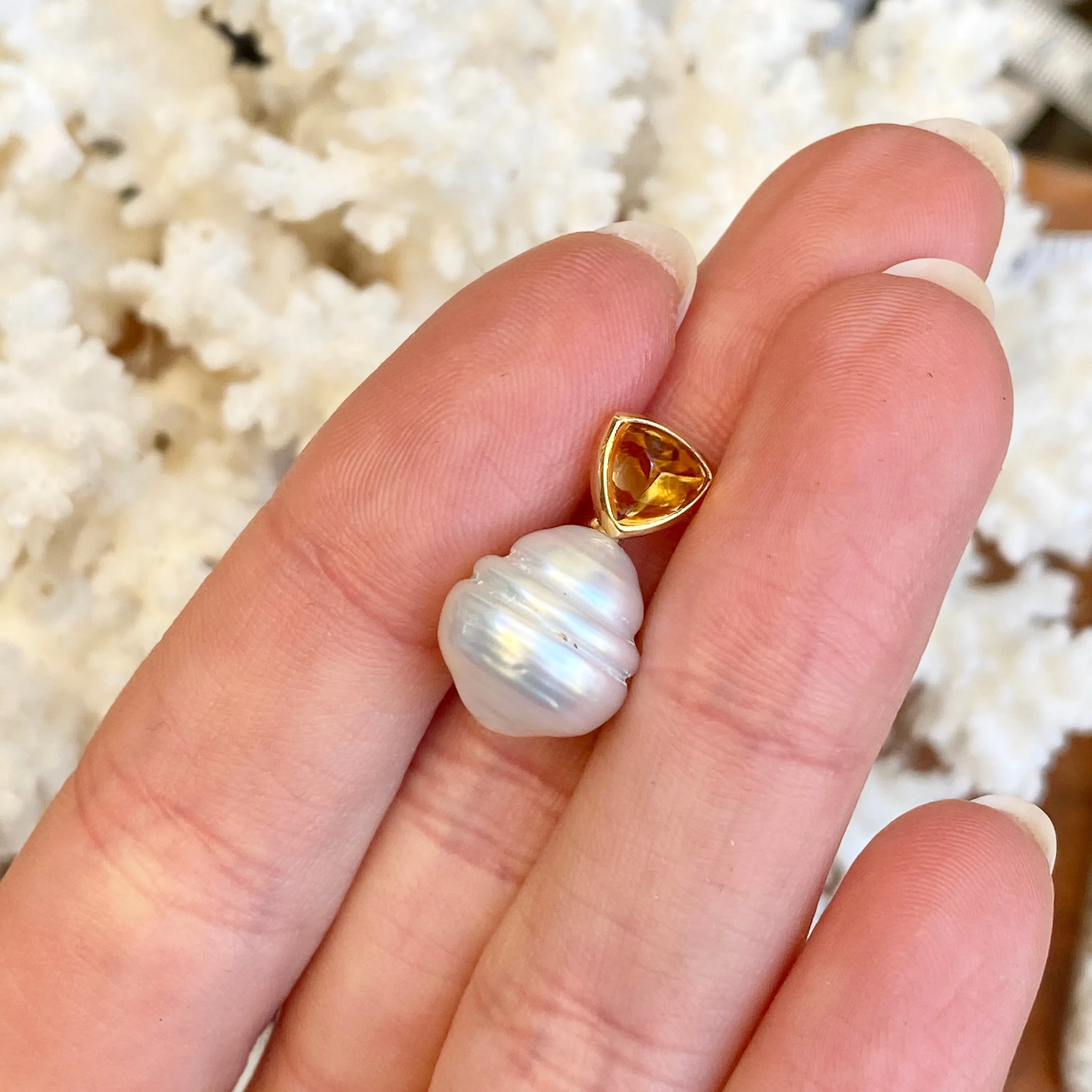 14KT Yellow Gold Trillion Citrine   10mm Paspaley South Sea Pearl Pendant