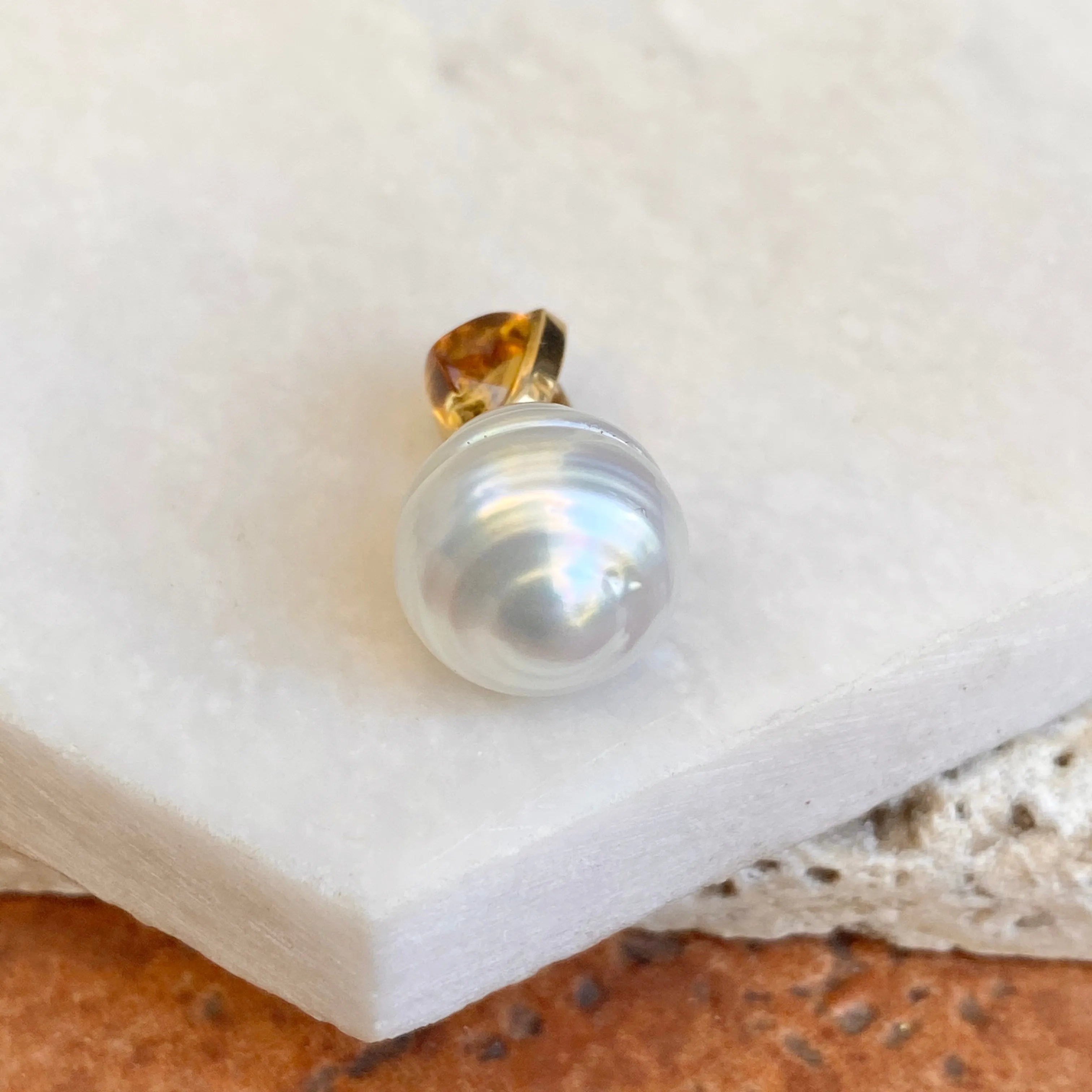 14KT Yellow Gold Trillion Citrine   10mm Paspaley South Sea Pearl Pendant