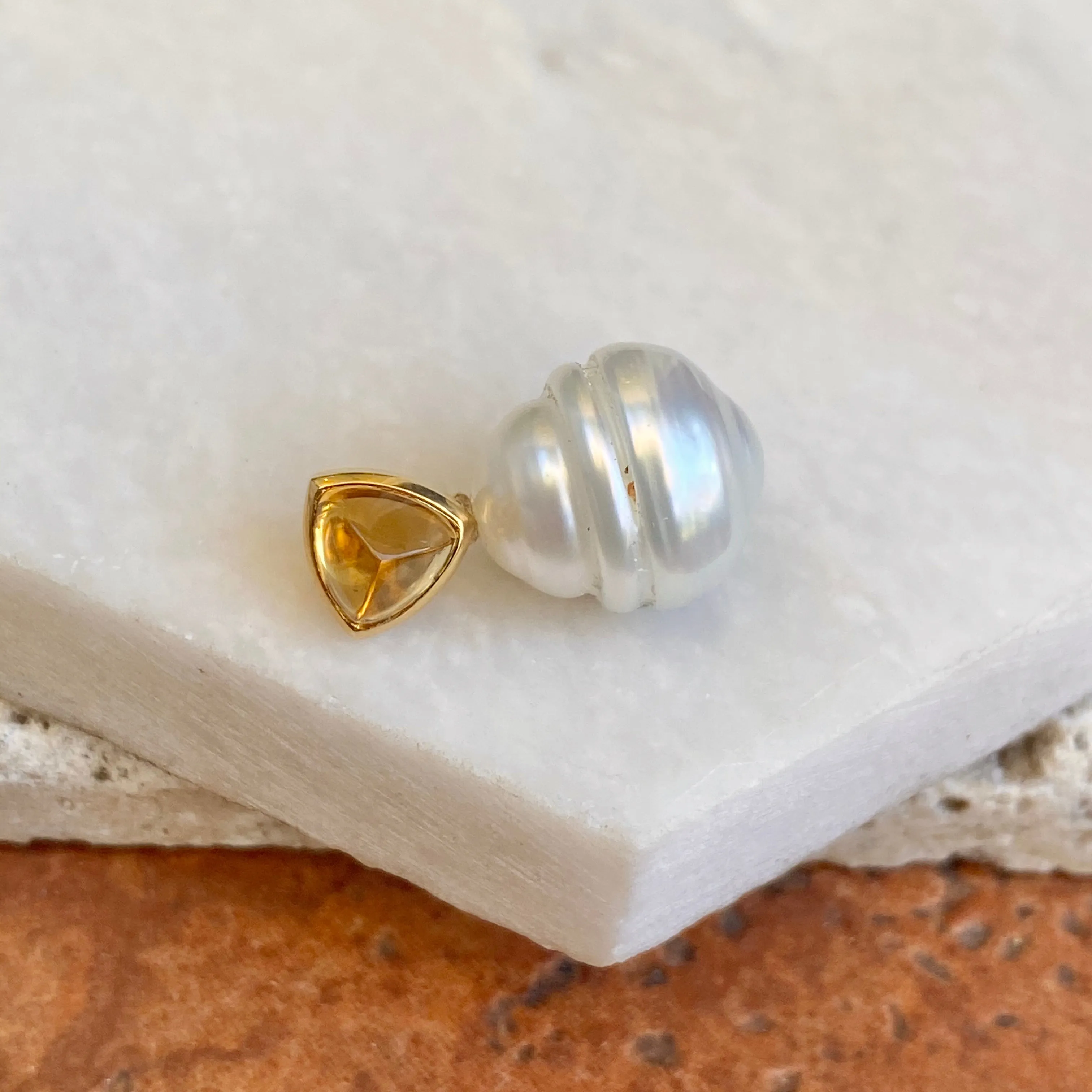 14KT Yellow Gold Trillion Citrine   10mm Paspaley South Sea Pearl Pendant