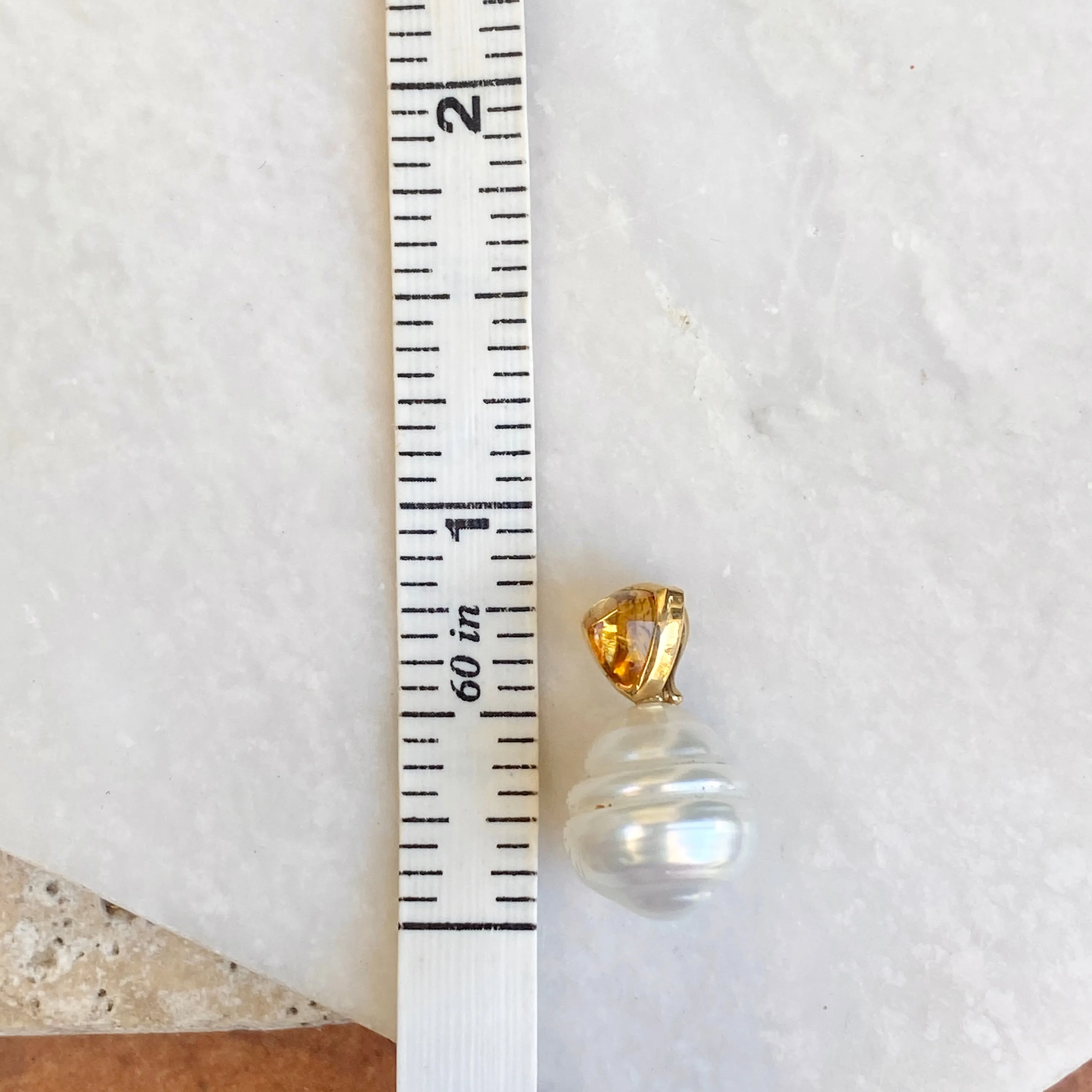 14KT Yellow Gold Trillion Citrine   10mm Paspaley South Sea Pearl Pendant
