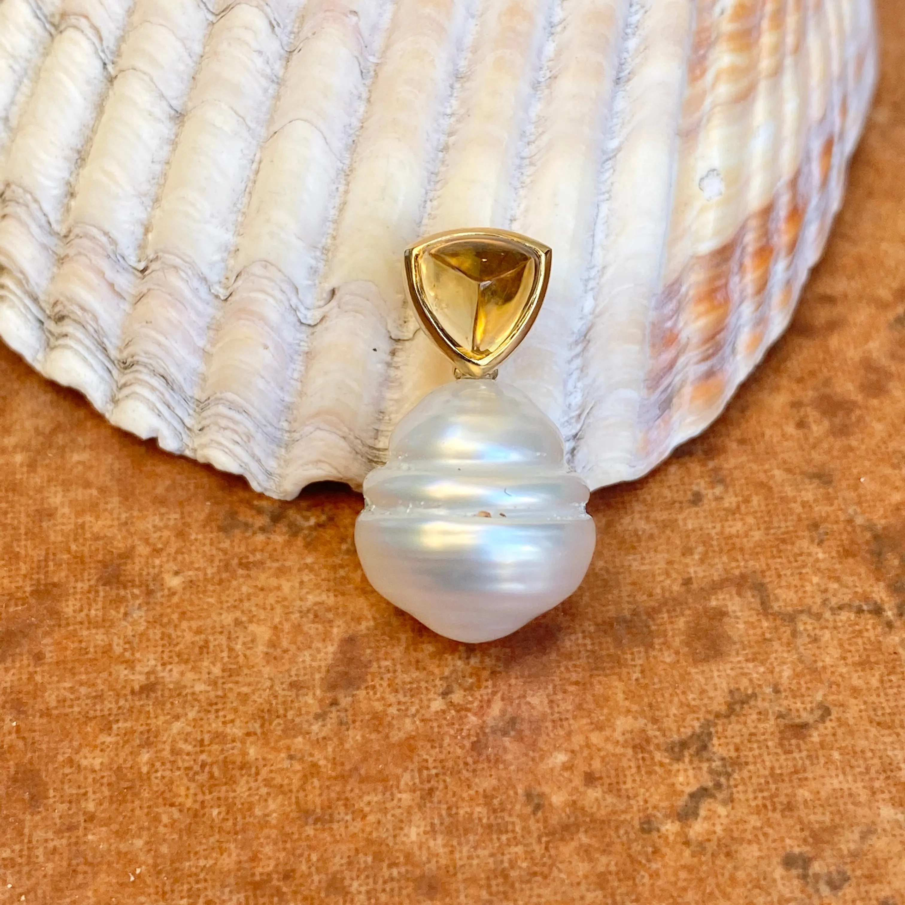 14KT Yellow Gold Trillion Citrine   10mm Paspaley South Sea Pearl Pendant