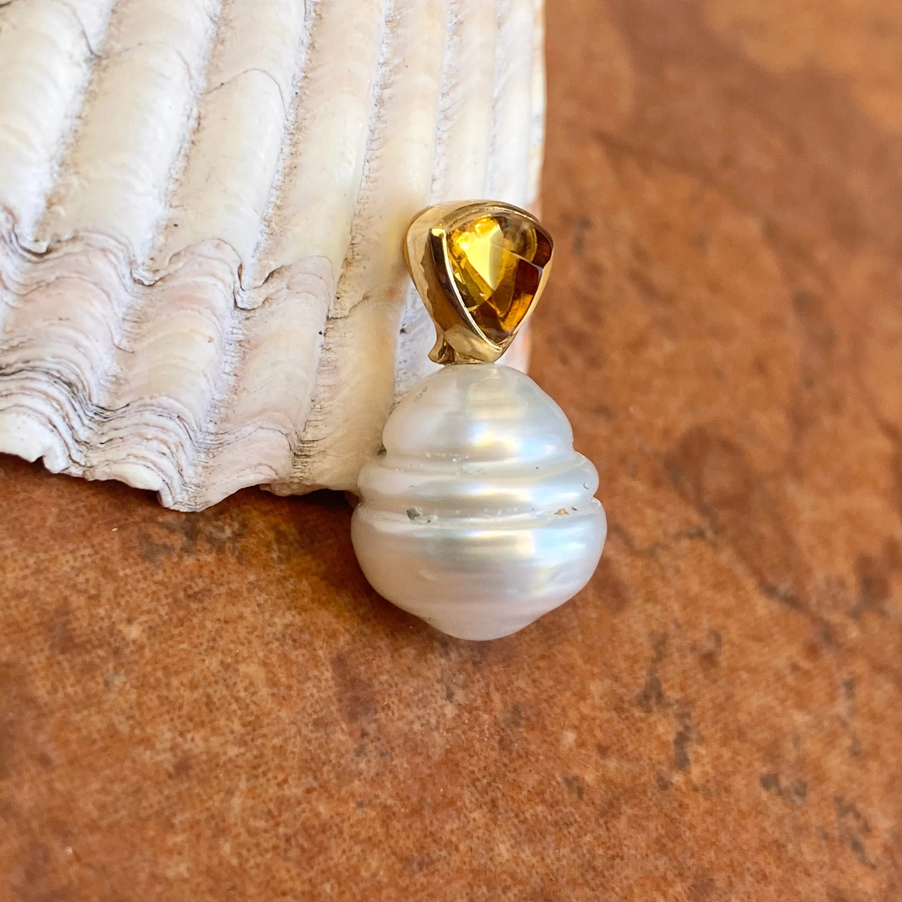14KT Yellow Gold Trillion Citrine   10mm Paspaley South Sea Pearl Pendant