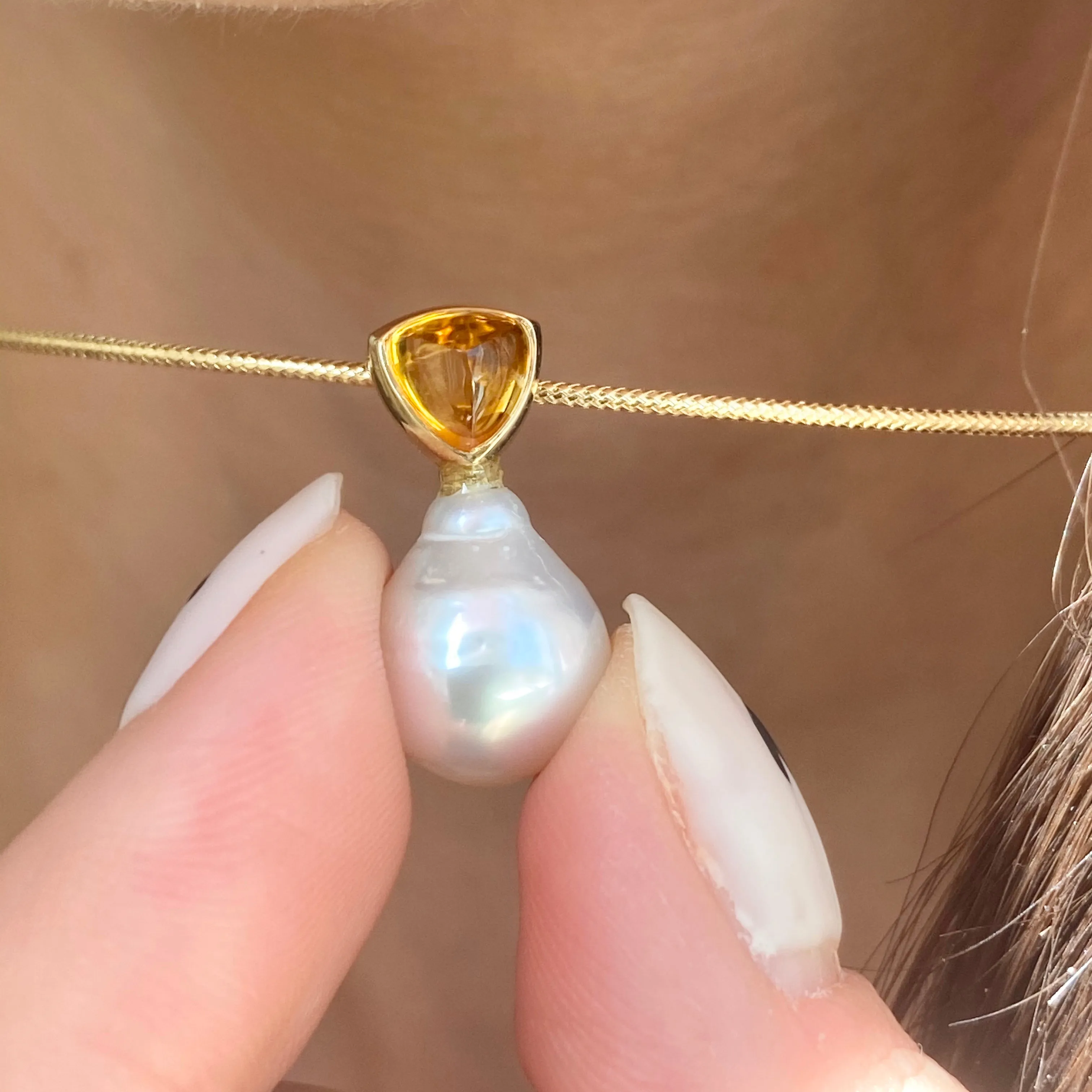 14KT Yellow Gold Trillion Citrine   10mm Paspaley South Sea Pearl Pendant