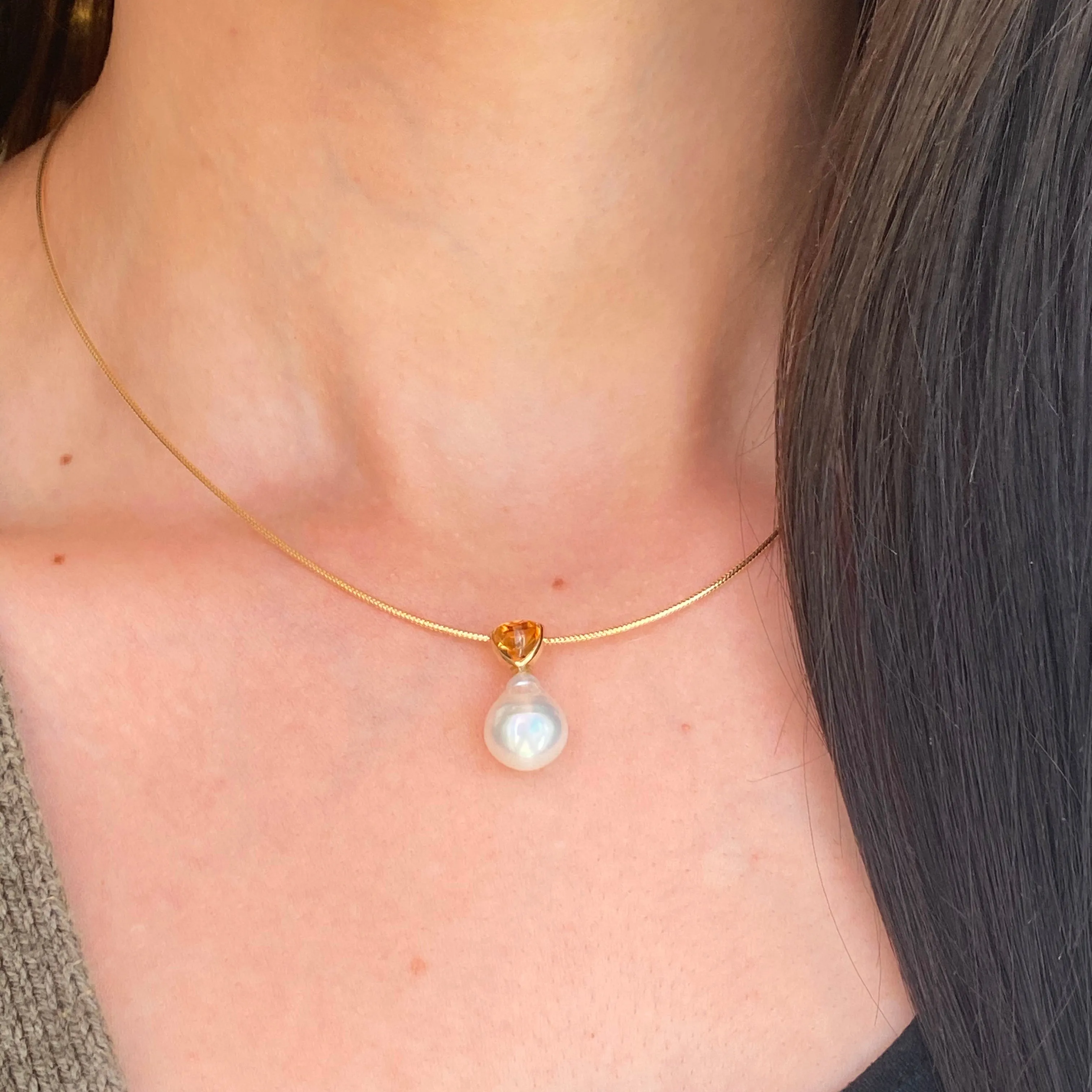 14KT Yellow Gold Trillion Citrine   10mm Paspaley South Sea Pearl Pendant
