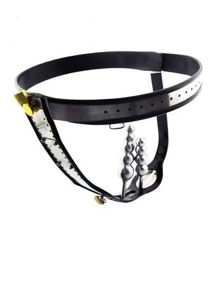 1569R      Double Jeopardy Locking Steel Female Chastity Belt with Graduated Dildo and Anal Plugs