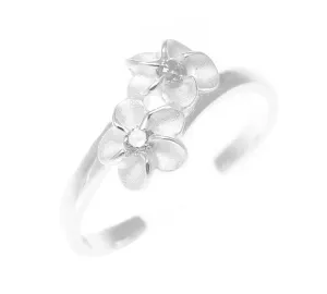 925 Sterling Silver Hawaiian Double Plumeria Flower White CZ Open Toe Ring