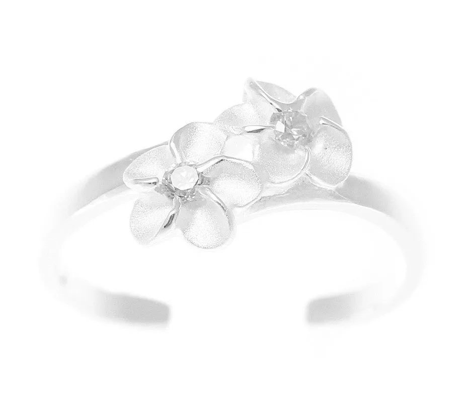 925 Sterling Silver Hawaiian Double Plumeria Flower White CZ Open Toe Ring