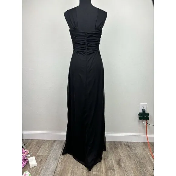 Alex Evening Black Chiffon V-Strap Long Dress Twist Front Size 4 Gala USA Made
