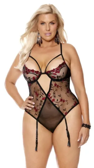 Black Mesh Red Embroidered Plus Size Teddy
