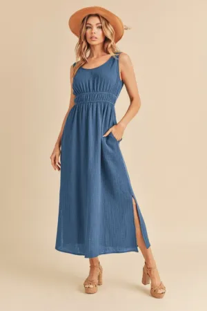 Blue Side Slit Round Neck Sleeveless Tank Dress