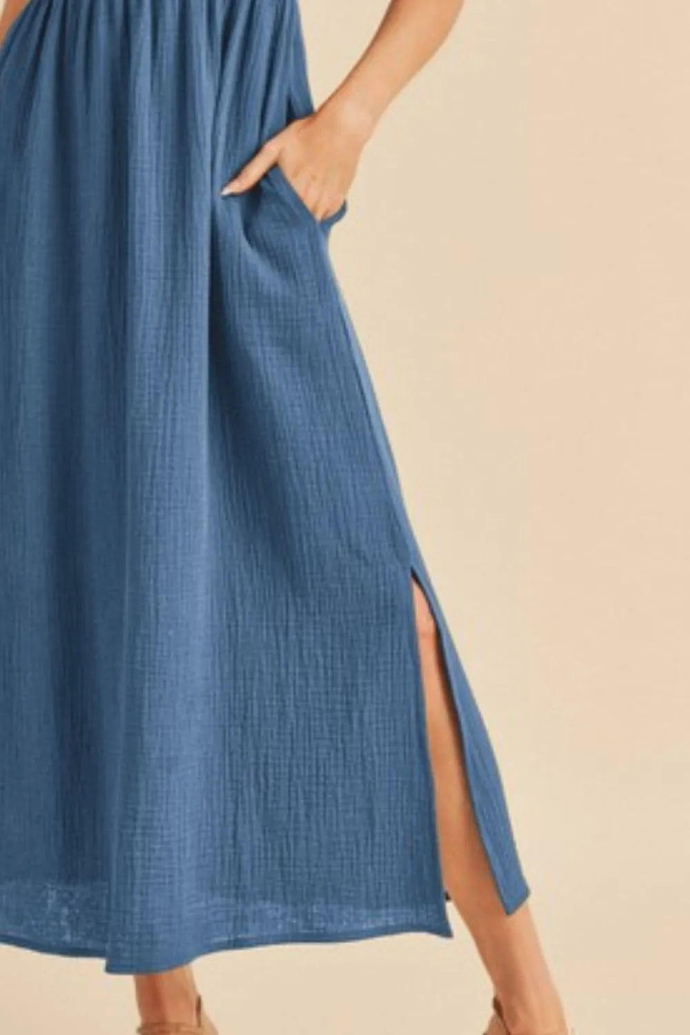 Blue Side Slit Round Neck Sleeveless Tank Dress