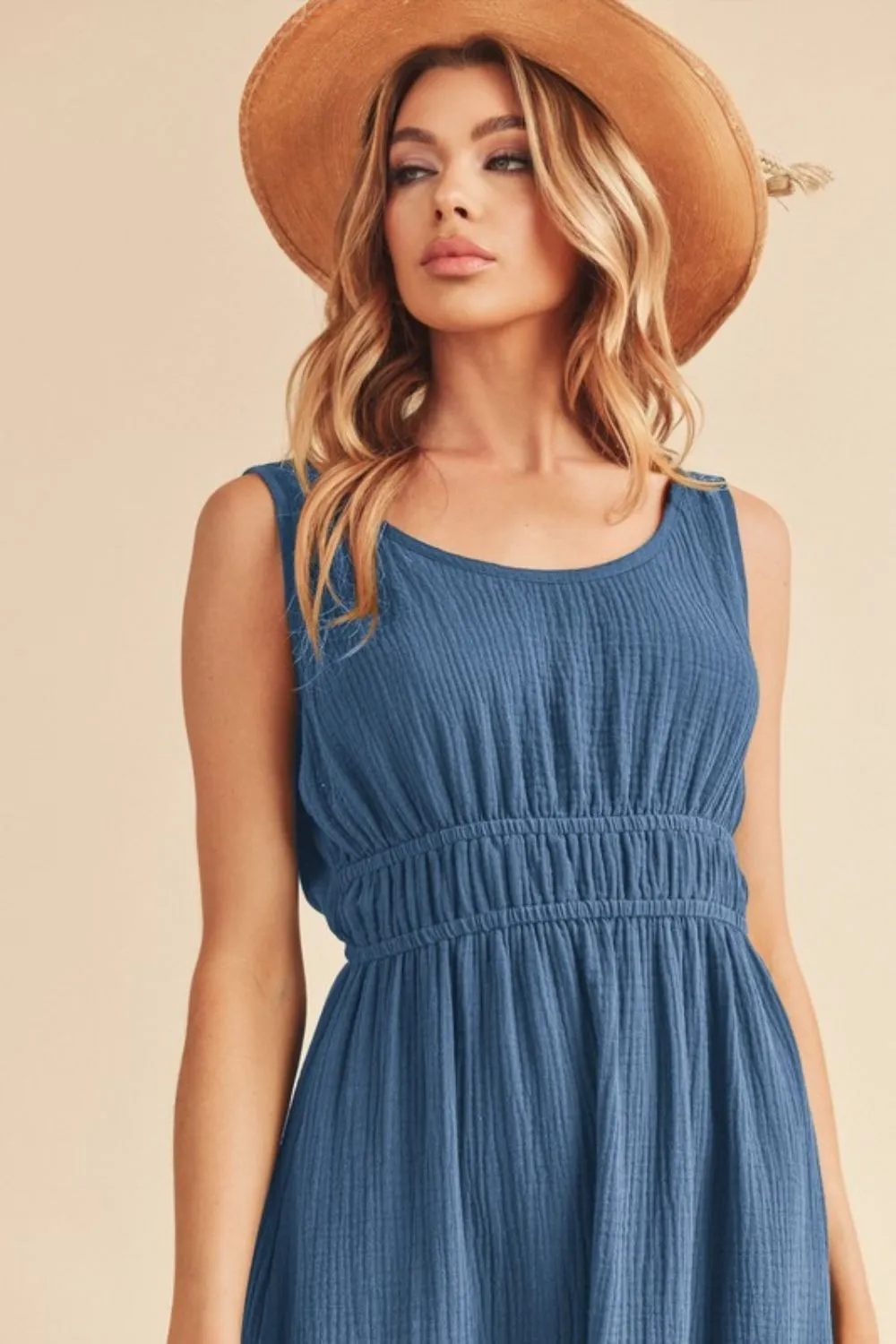 Blue Side Slit Round Neck Sleeveless Tank Dress