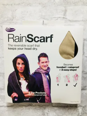 Brand new no box, The RainScarf-Reversible Scarf w/ Waterproof Hood & Pockets-Unisex! The first scarf that reverses to reveal a secret rain hood! Tan & Black! Retails $30 