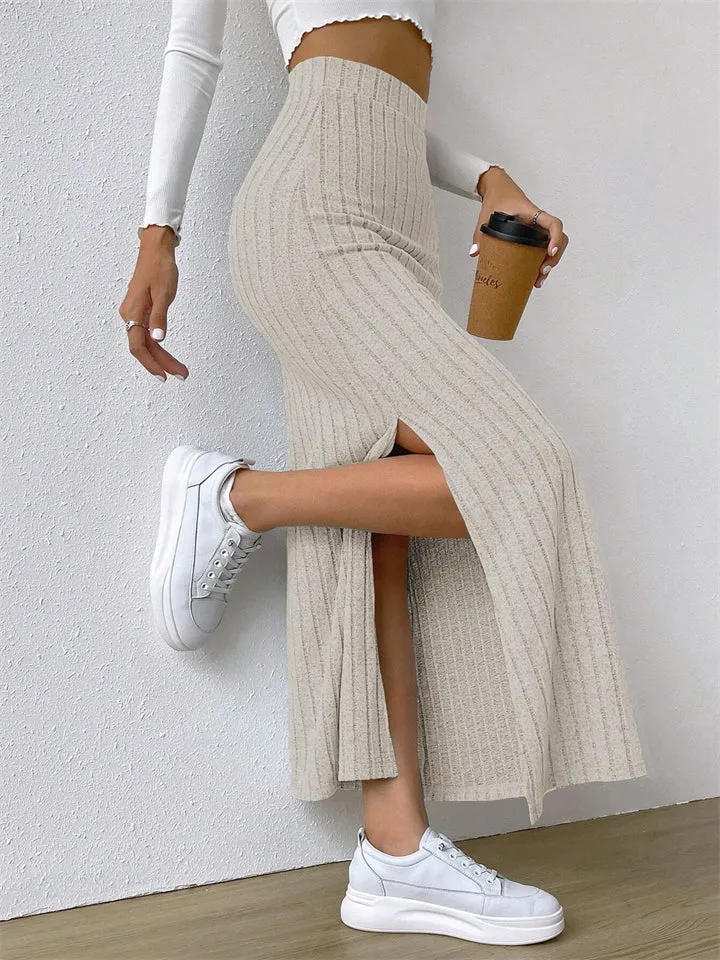 Casual Side Slit Stretchy Knitted Skirt for Women