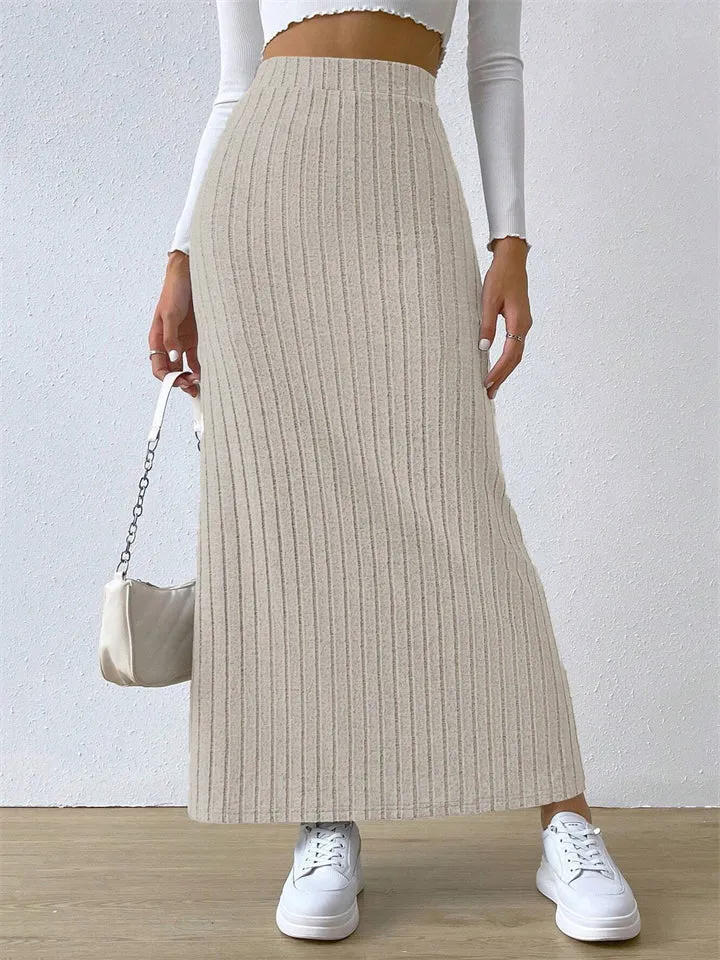 Casual Side Slit Stretchy Knitted Skirt for Women