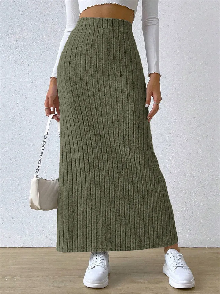 Casual Side Slit Stretchy Knitted Skirt for Women