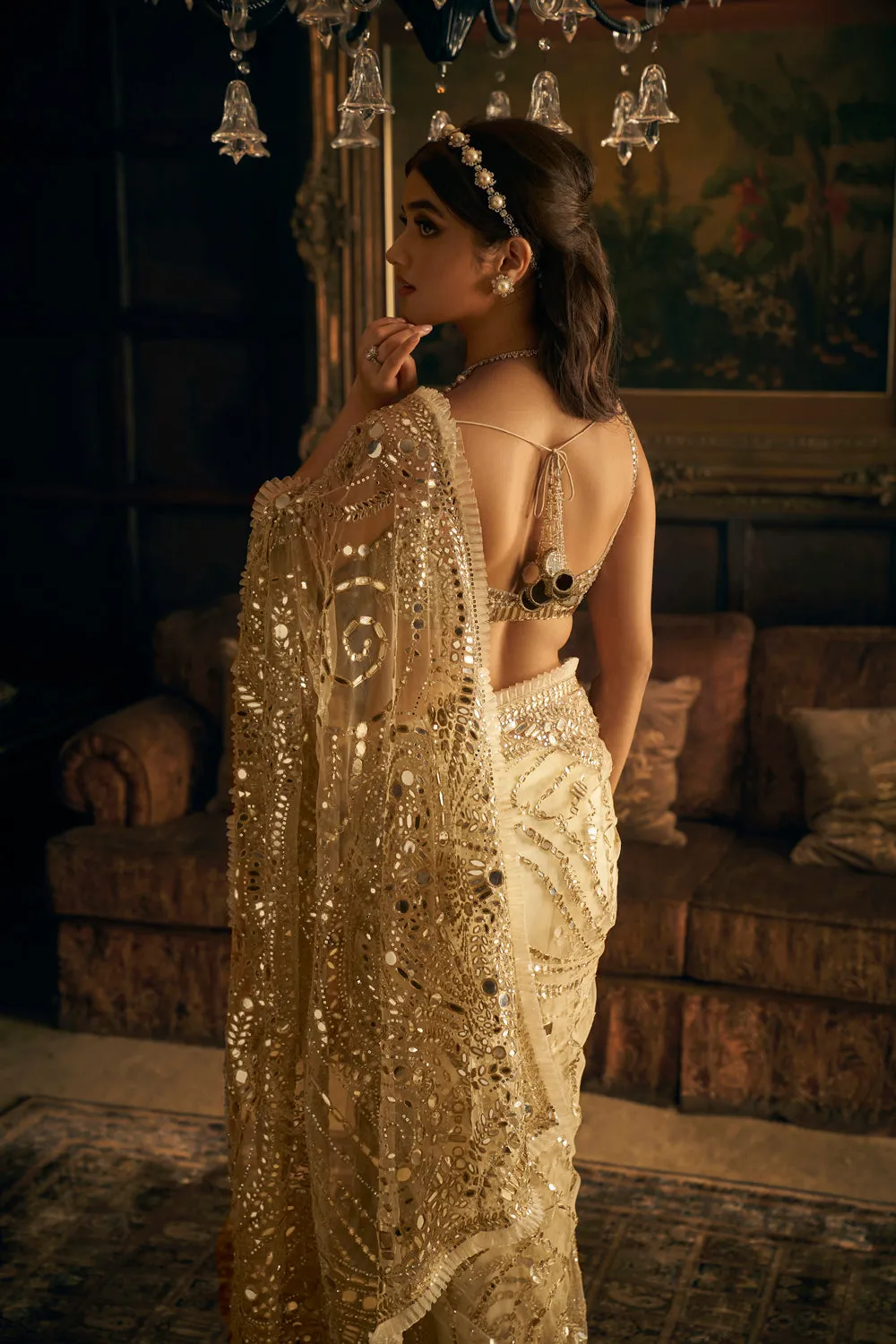 Cream Gold Mirror Work Saree