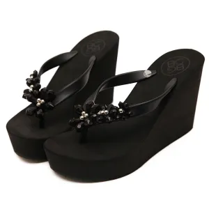 Crystal Beads Flower Slope With Platform Flip Flops