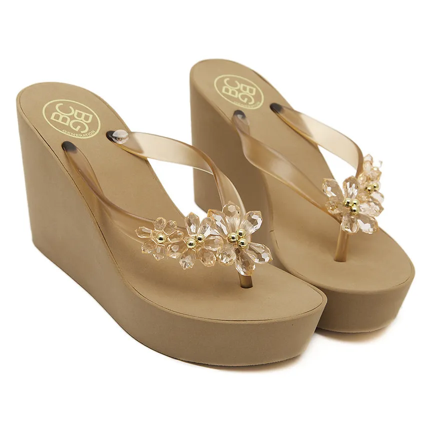 Crystal Beads Flower Slope With Platform Flip Flops