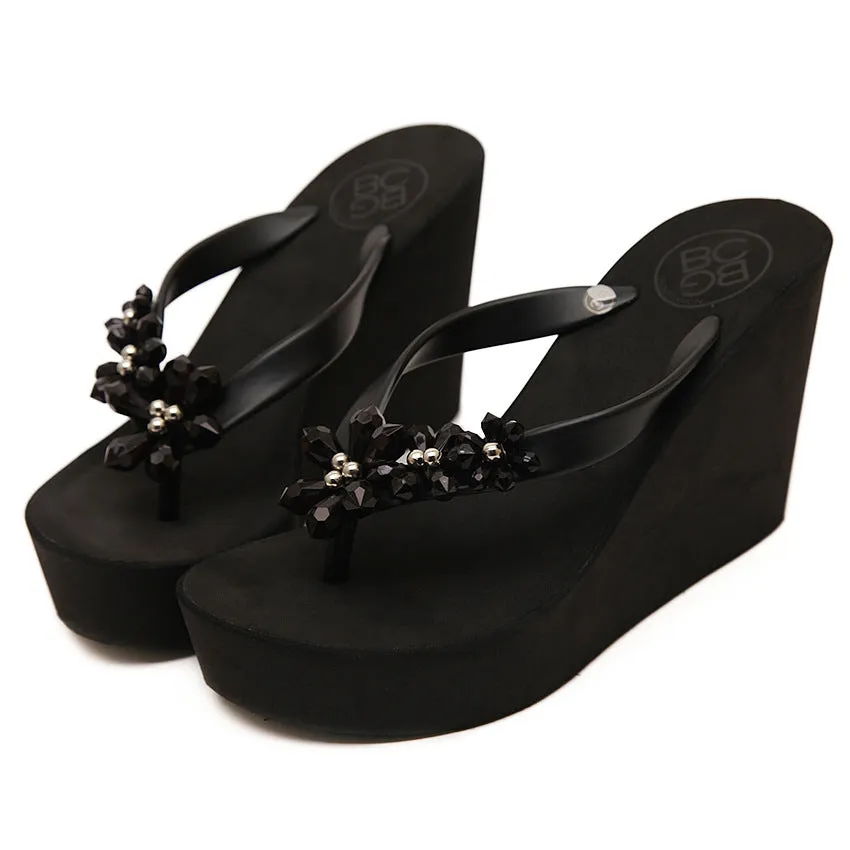 Crystal Beads Flower Slope With Platform Flip Flops