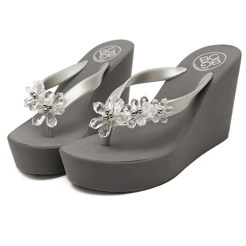 Crystal Beads Flower Slope With Platform Flip Flops