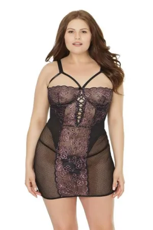 Demi Cup Chemise with Lace-up Detail - Black/Lilac - Size