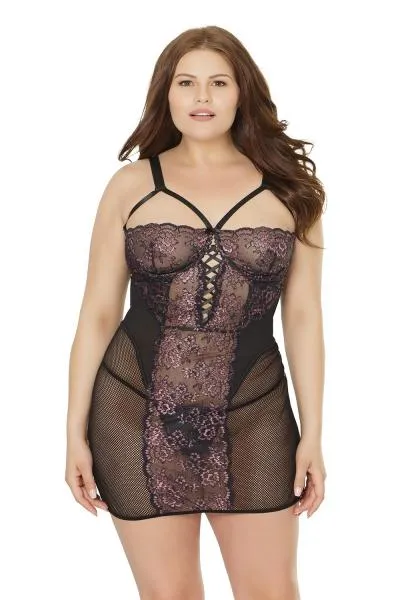 Demi Cup Chemise with Lace-up Detail - Black/Lilac - Size