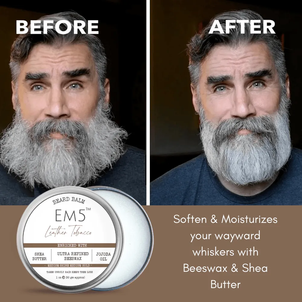 EM5™ Natural Organic Beard Balm | EM5's Natural Organic Beard Balm | Medium Hold - Shine | BeesWax, Shea Butter, Jojoba Oil, Essential Oils (Leather Tobacco)