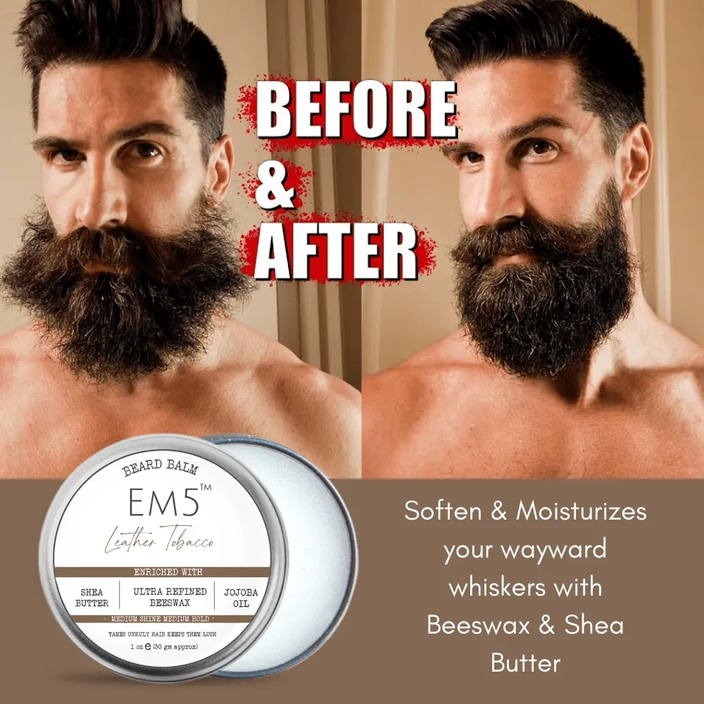 EM5™ Natural Organic Beard Balm | EM5's Natural Organic Beard Balm | Medium Hold - Shine | BeesWax, Shea Butter, Jojoba Oil, Essential Oils (Leather Tobacco)