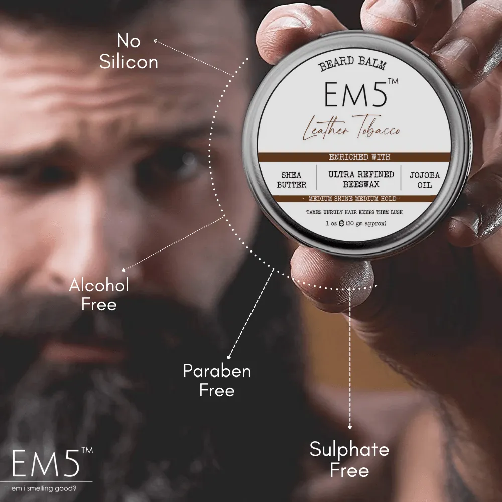 EM5™ Natural Organic Beard Balm | EM5's Natural Organic Beard Balm | Medium Hold - Shine | BeesWax, Shea Butter, Jojoba Oil, Essential Oils (Leather Tobacco)