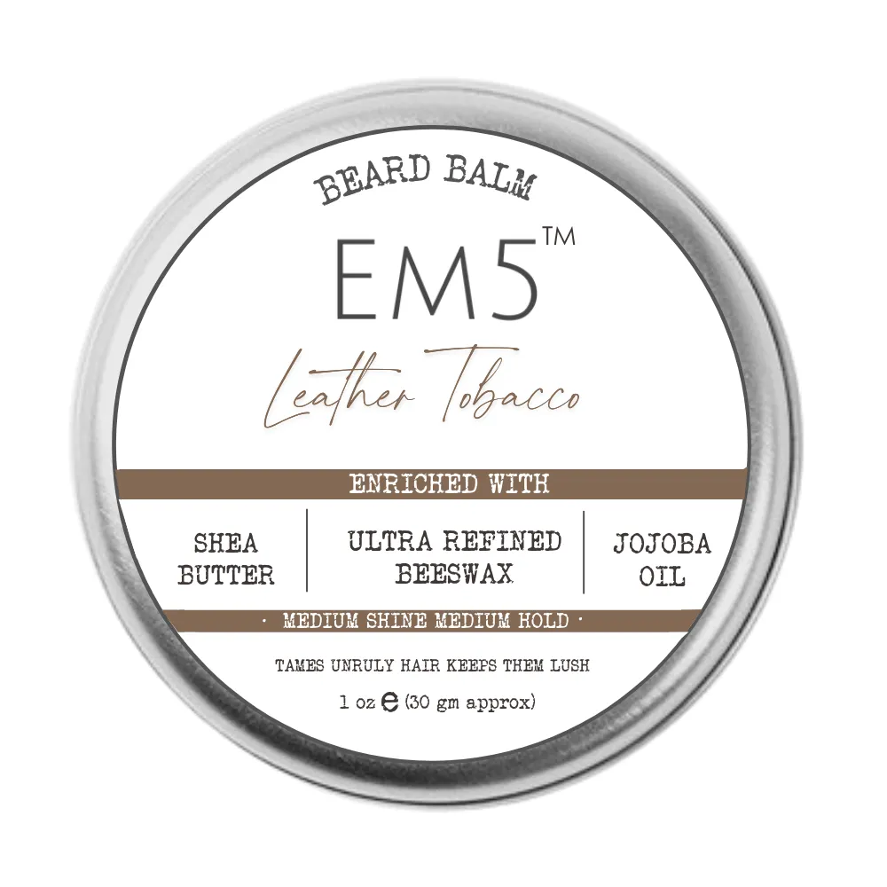 EM5™ Natural Organic Beard Balm | EM5's Natural Organic Beard Balm | Medium Hold - Shine | BeesWax, Shea Butter, Jojoba Oil, Essential Oils (Leather Tobacco)