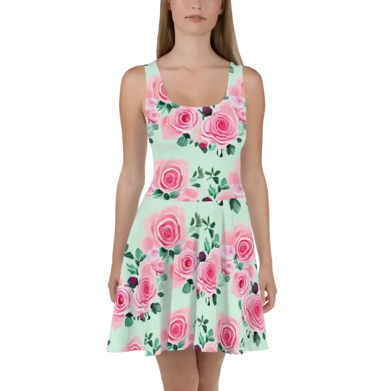 Enchanting Pink Pastel Rose Skater Dress