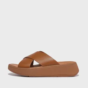FitFlop F-Mode Leather Flatform Cross Slides Light Tan