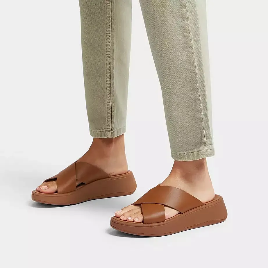 FitFlop F-Mode Leather Flatform Cross Slides Light Tan