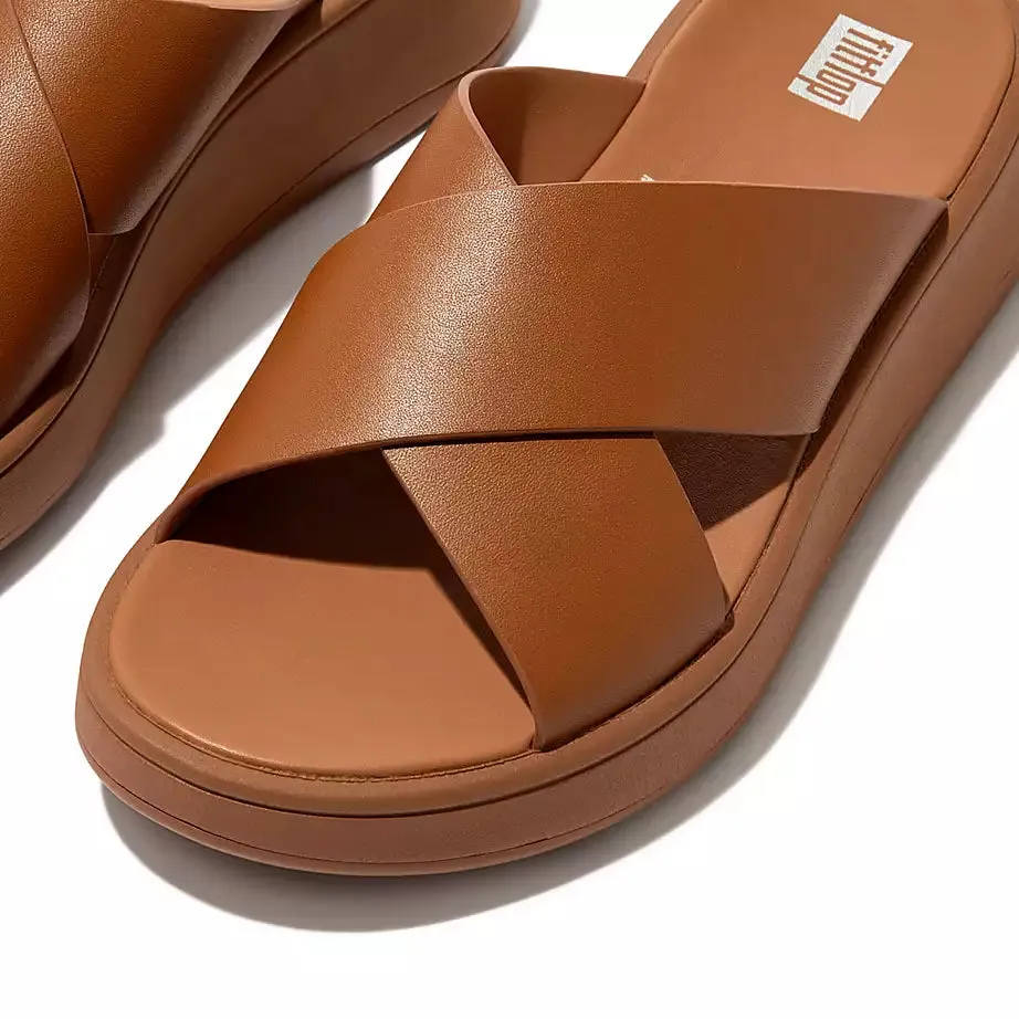 FitFlop F-Mode Leather Flatform Cross Slides Light Tan