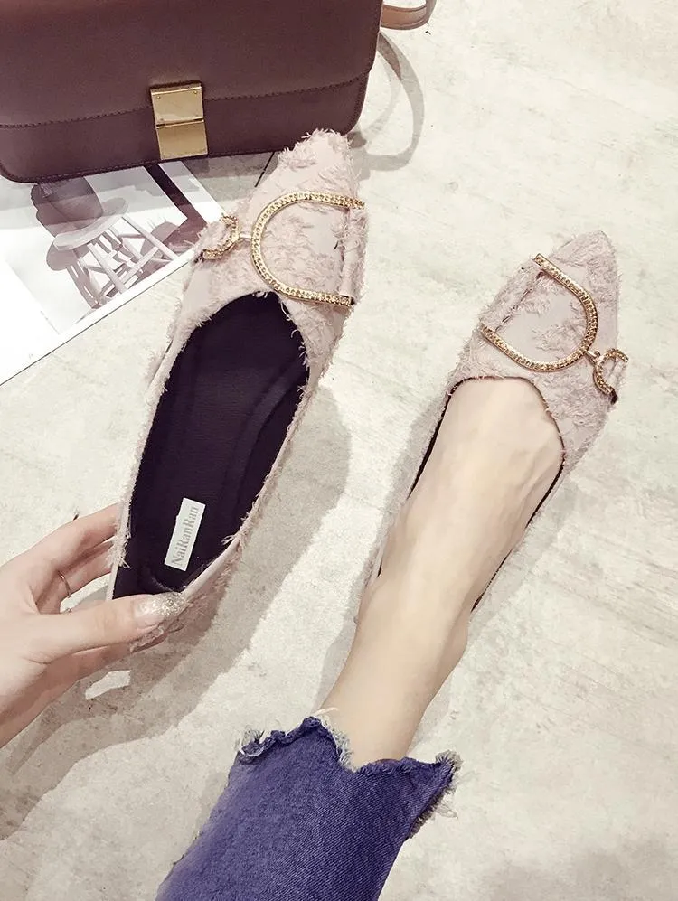 Fringe Trim Buckle Ballet Flats