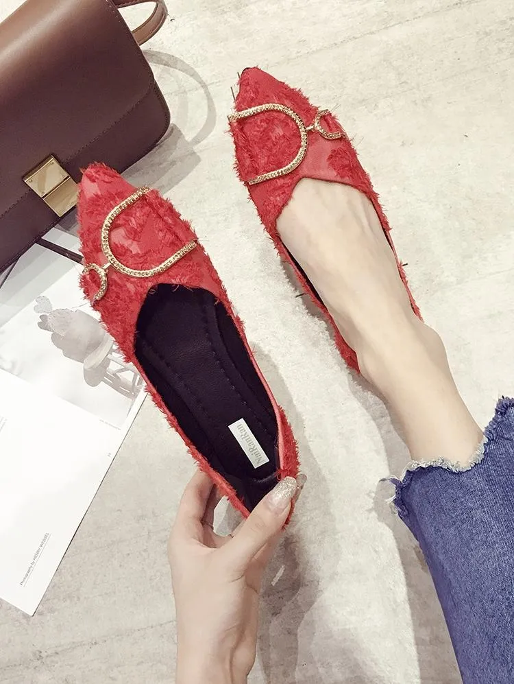 Fringe Trim Buckle Ballet Flats