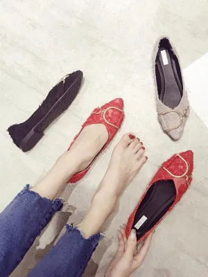 Fringe Trim Buckle Ballet Flats