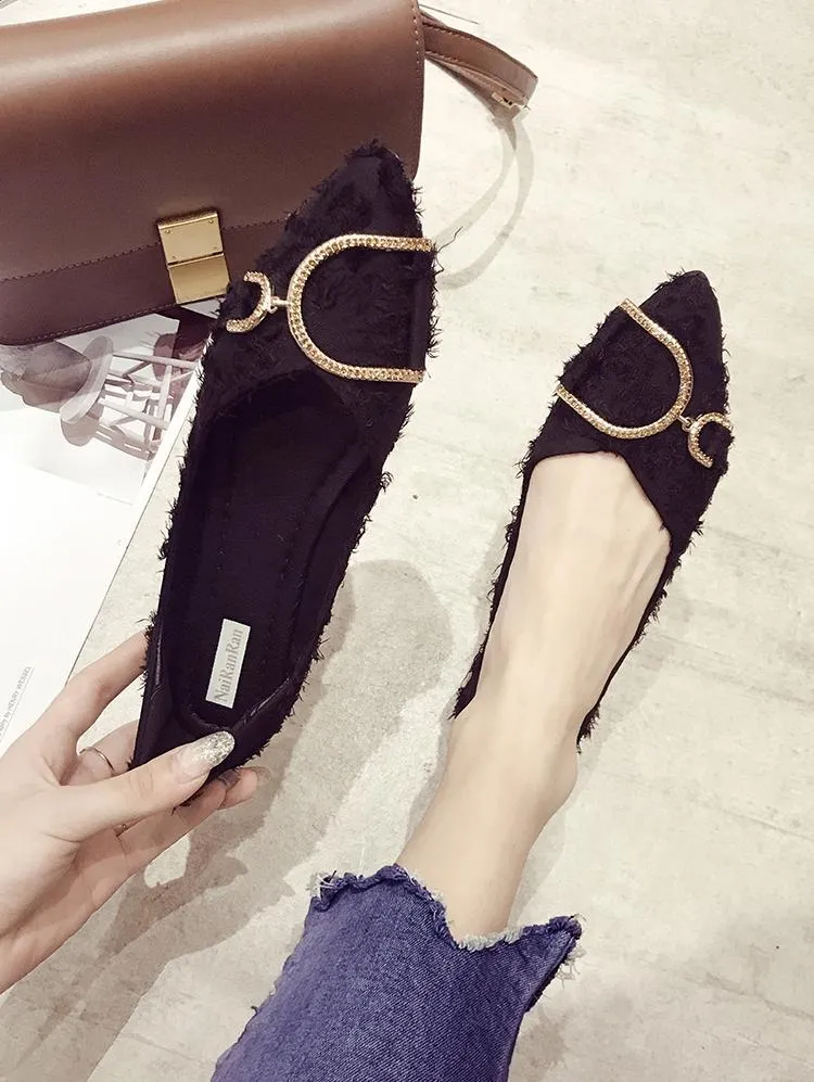 Fringe Trim Buckle Ballet Flats
