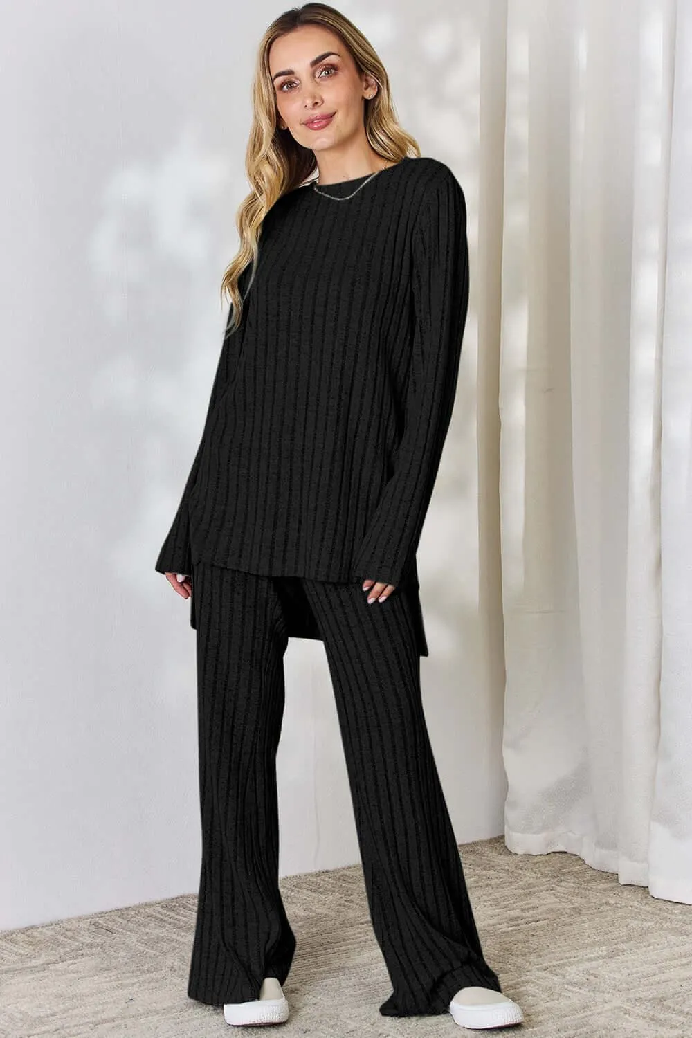 Full Size Ribbed High-Low Top & Wide Leg Pants Set
