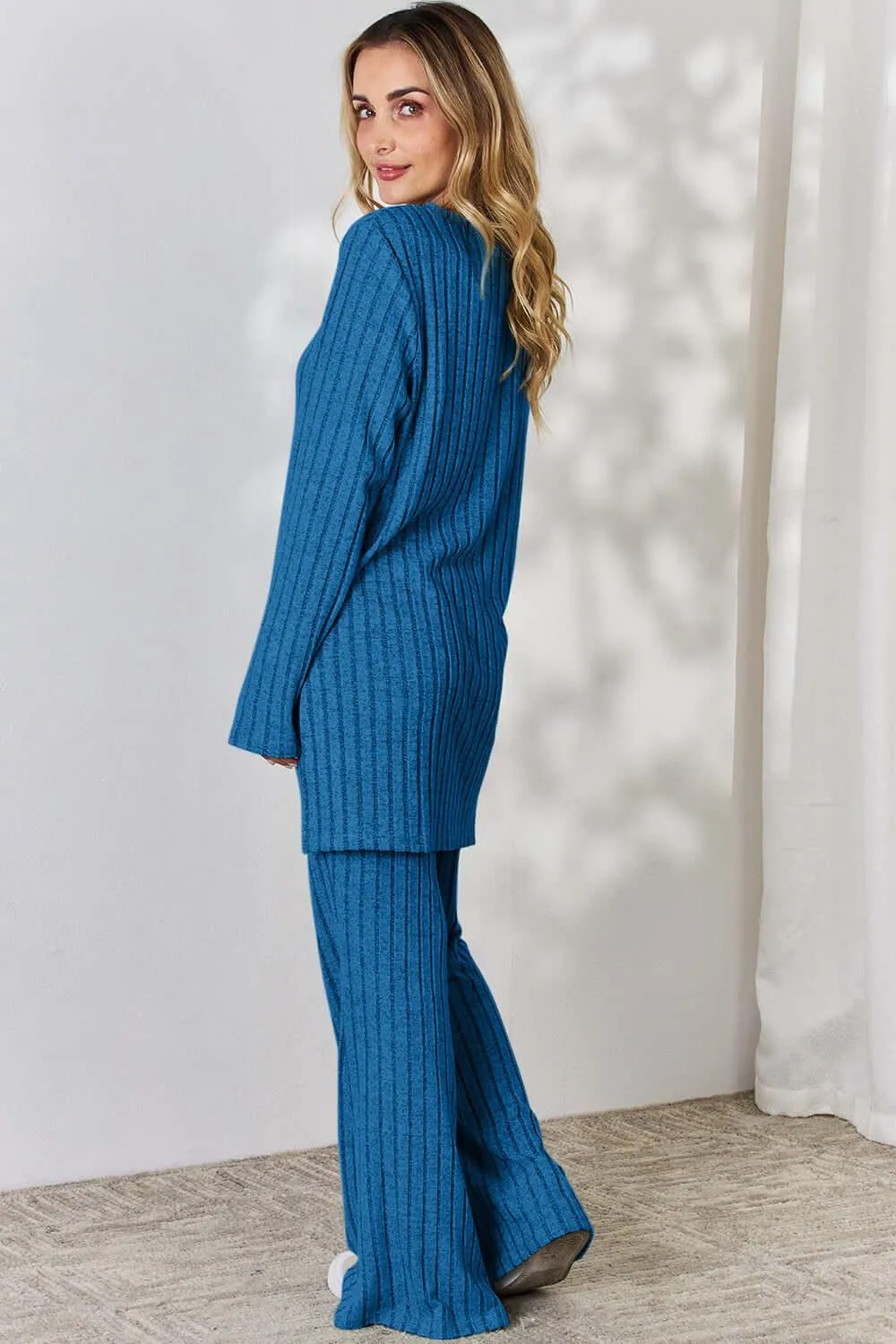 Full Size Ribbed High-Low Top & Wide Leg Pants Set