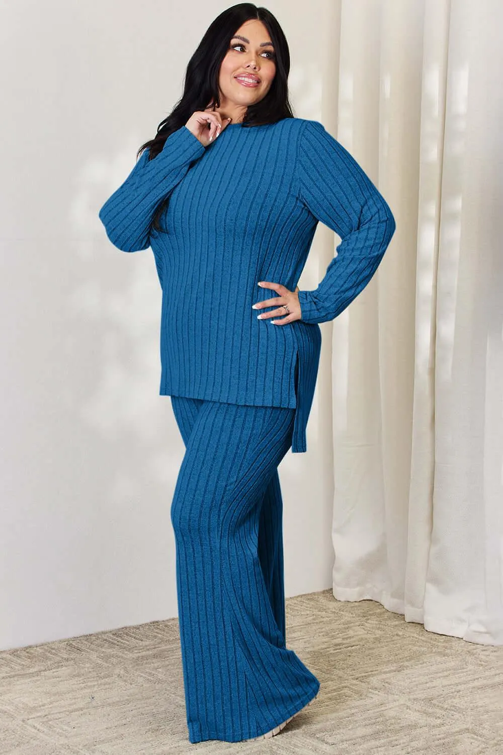 Full Size Ribbed High-Low Top & Wide Leg Pants Set