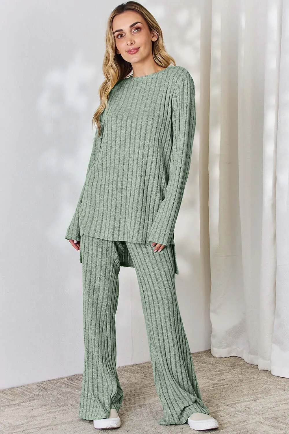 Full Size Ribbed High-Low Top & Wide Leg Pants Set