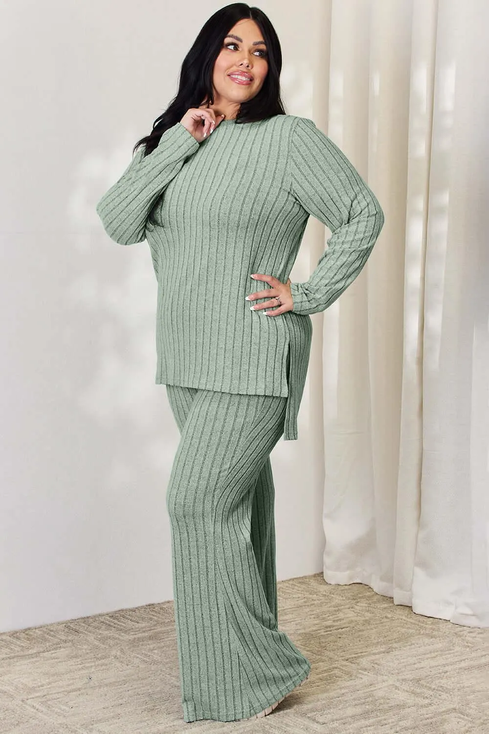 Full Size Ribbed High-Low Top & Wide Leg Pants Set