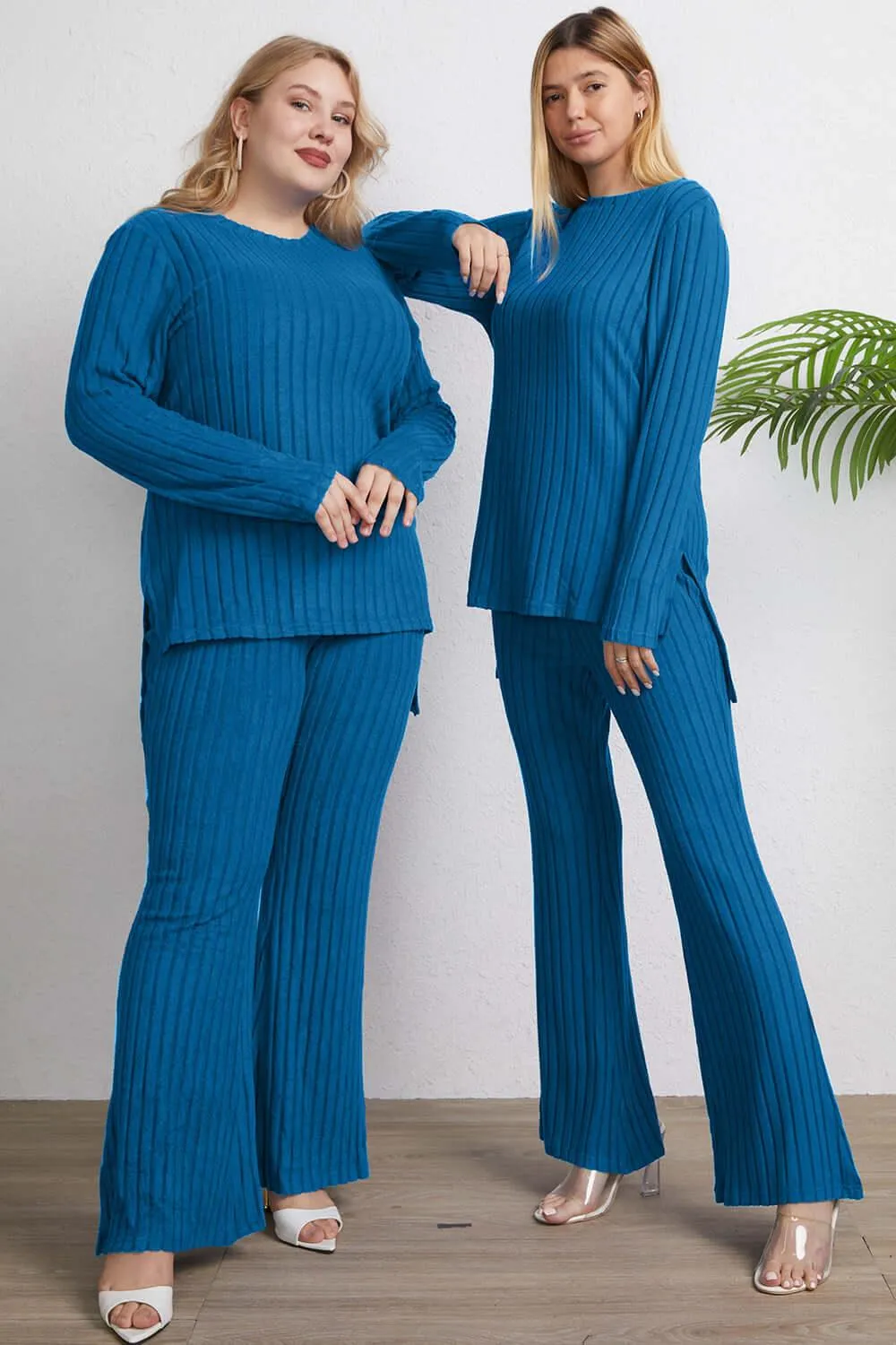 Full Size Ribbed High-Low Top & Wide Leg Pants Set