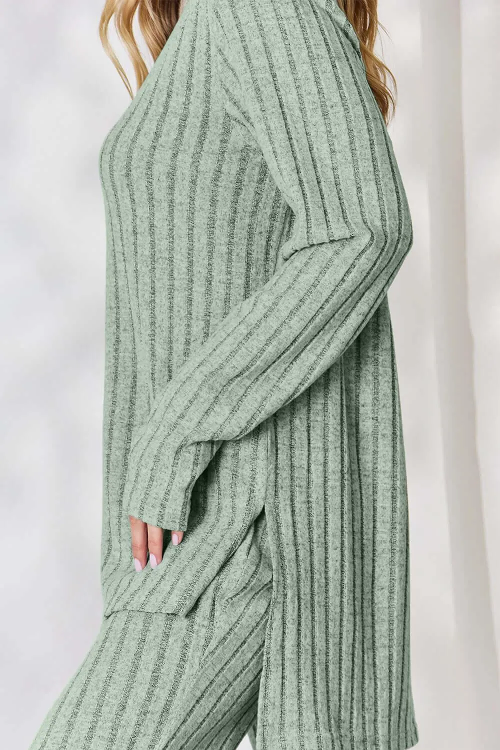 Full Size Ribbed High-Low Top & Wide Leg Pants Set