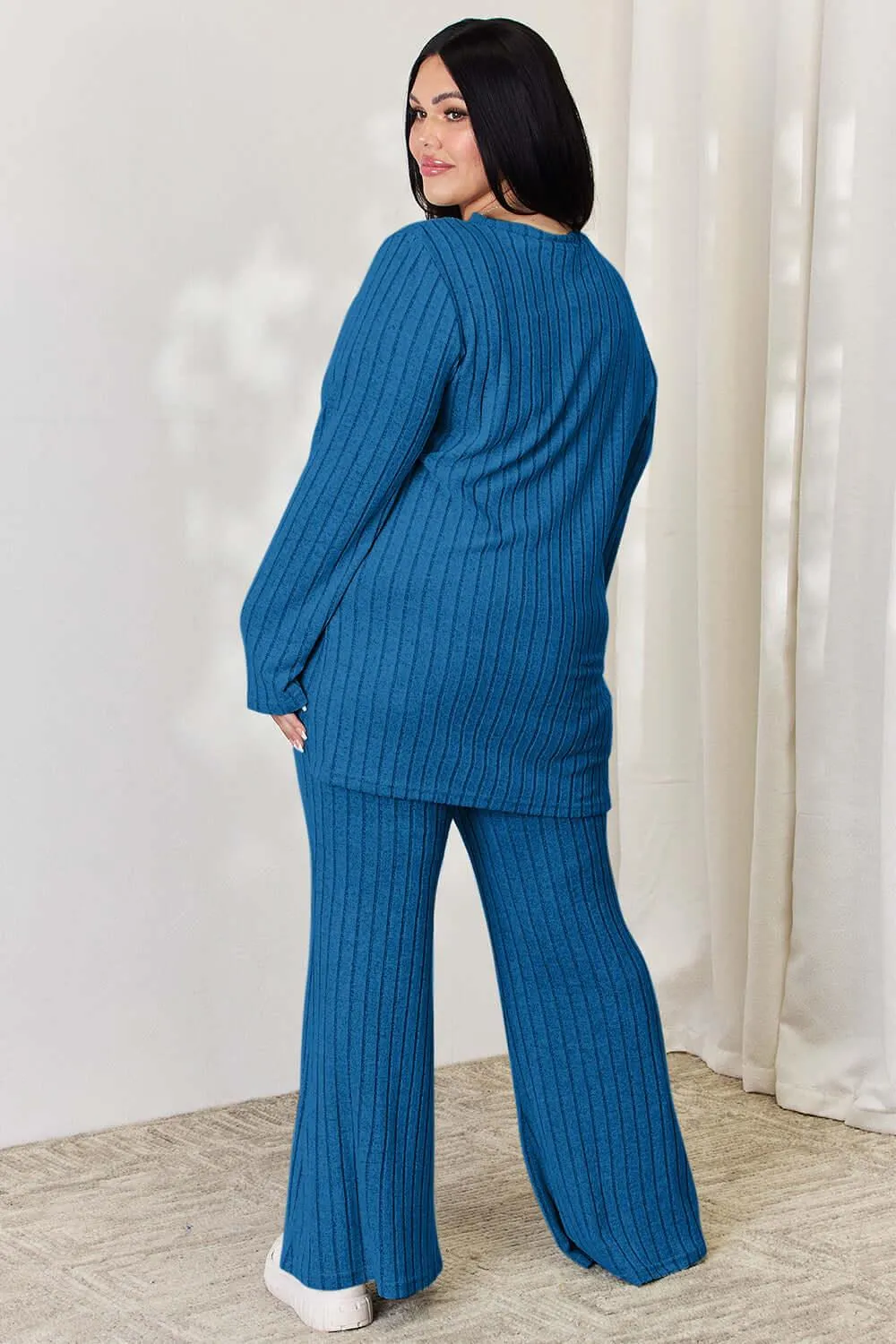 Full Size Ribbed High-Low Top & Wide Leg Pants Set