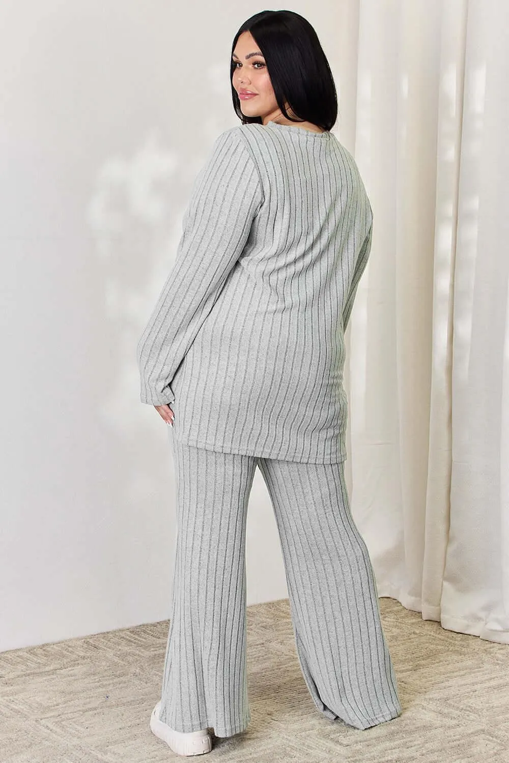Full Size Ribbed High-Low Top & Wide Leg Pants Set